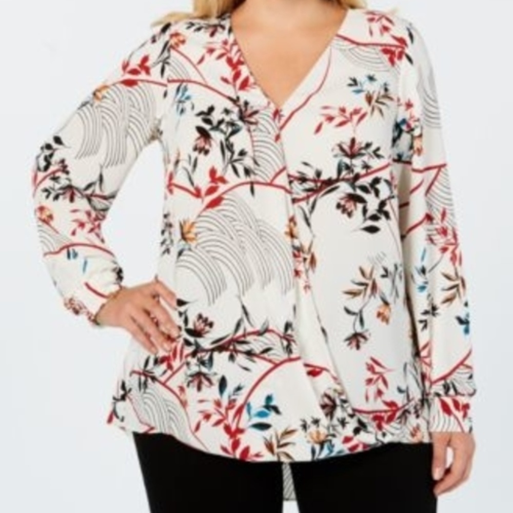Alfani Faux Wrap Leaf Print Top Long Sleeve White
